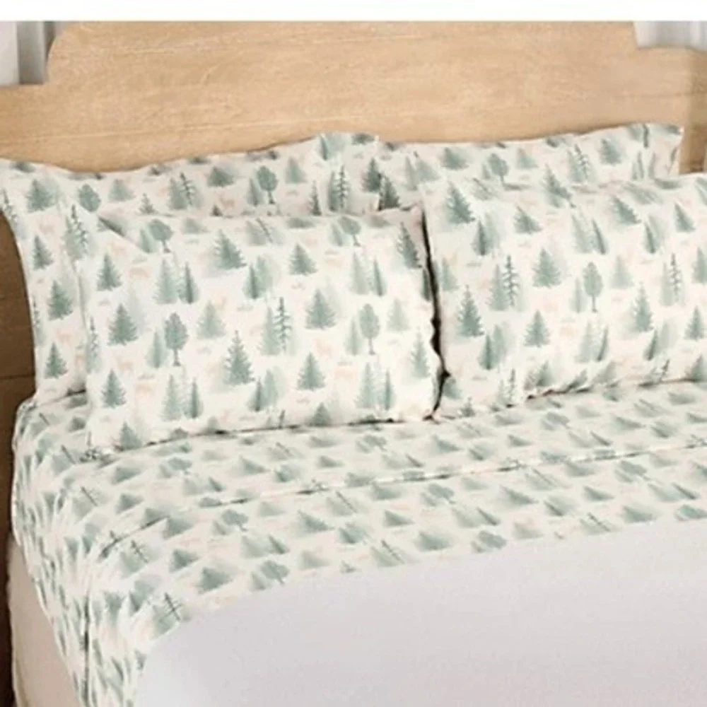 Home Reflections Queen Flannel Sheet Set 6pc Green Pine‎ Tree Deer H492286 NWOT